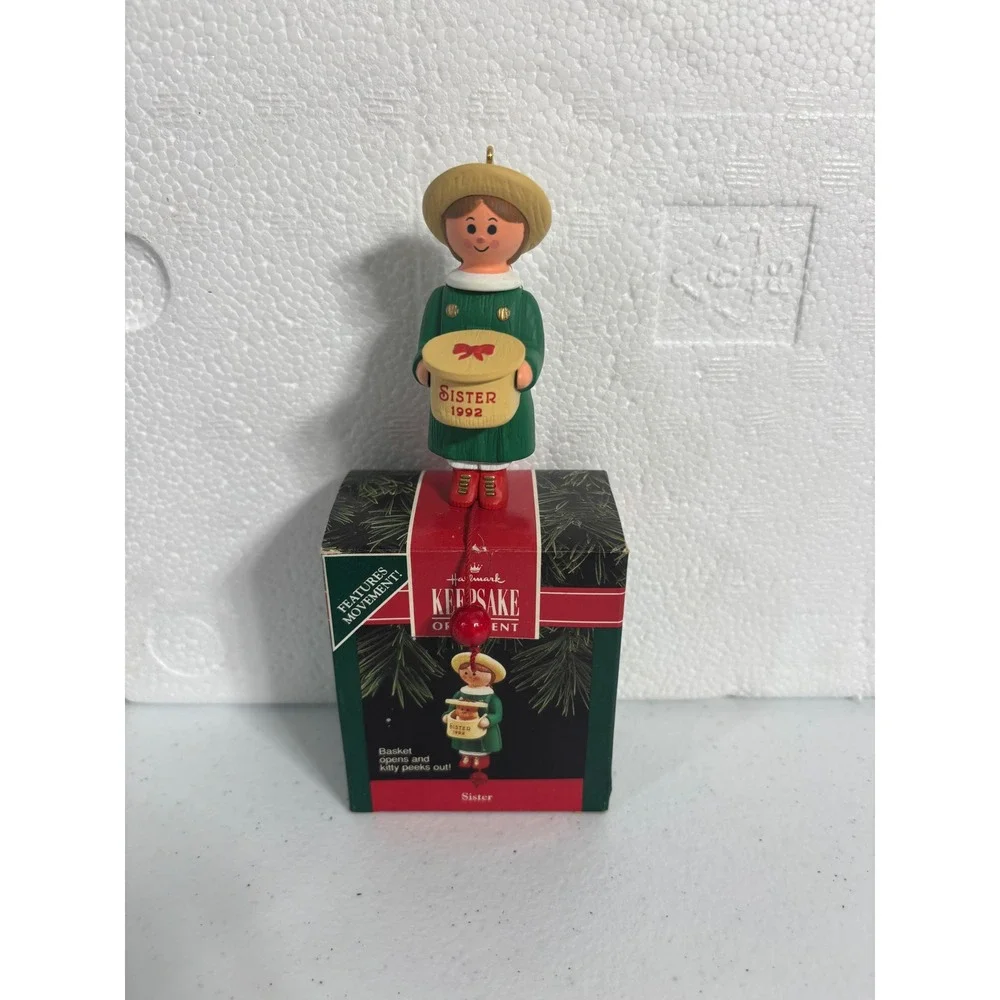 Hallmark Keepsake Ornament 1992‎ Sister With Teddy Bear Basket Movement